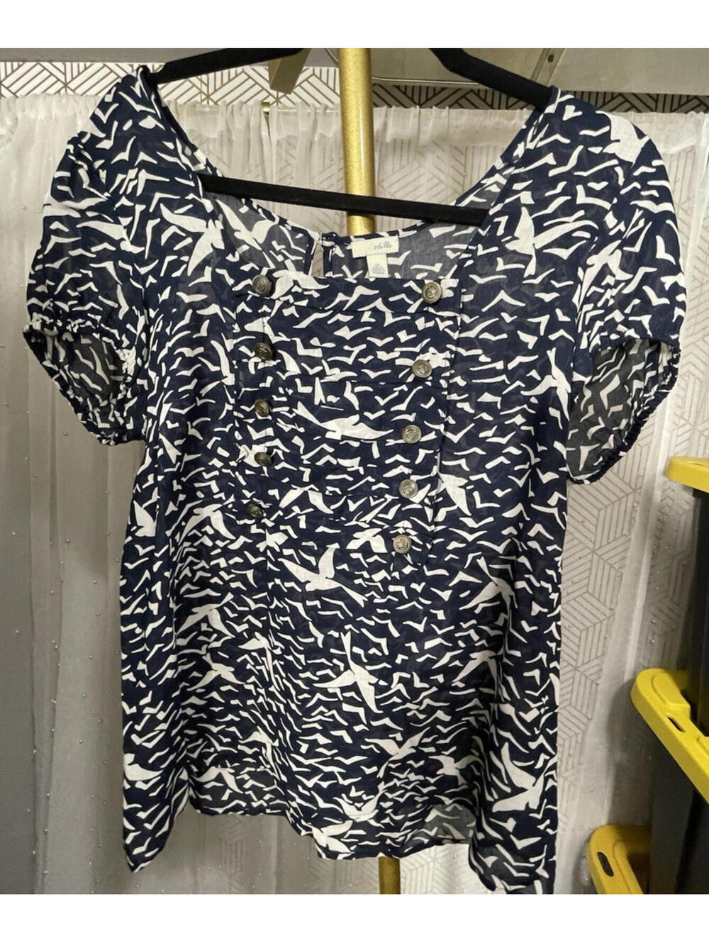 Anthropologie Odille Women's Blue Bountiful Birds Buttons Cap Sleeve Blouse 12